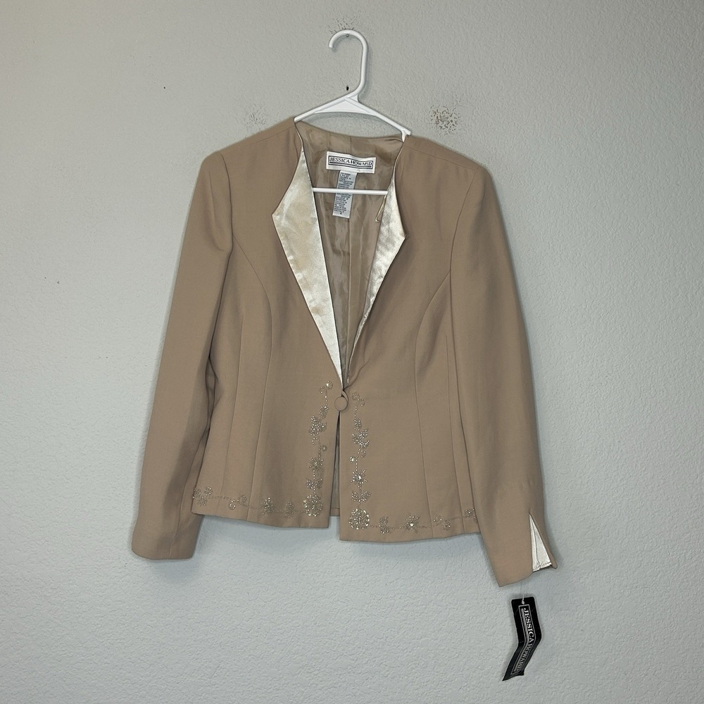 VTG Jessica Howard Evenings Blazer Jacket Sz 6 Tan Beige Beaded Satin Polyester